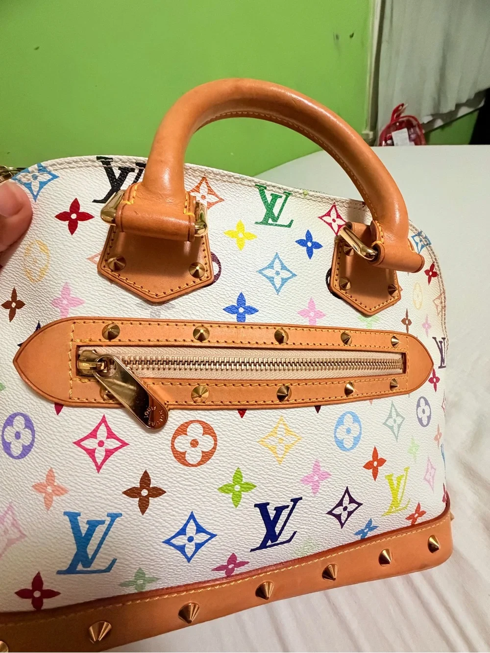 Louis Vuitton White Multicolor Monogram Alma Satchel with Tan Trim